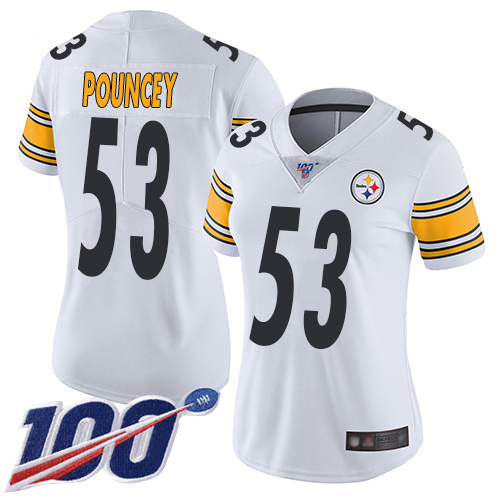 Women Pittsburgh Steelers Football #53 Limited White Maurkice Pouncey Road 100th Season Vapor Untouchable Nike NFL Jersey